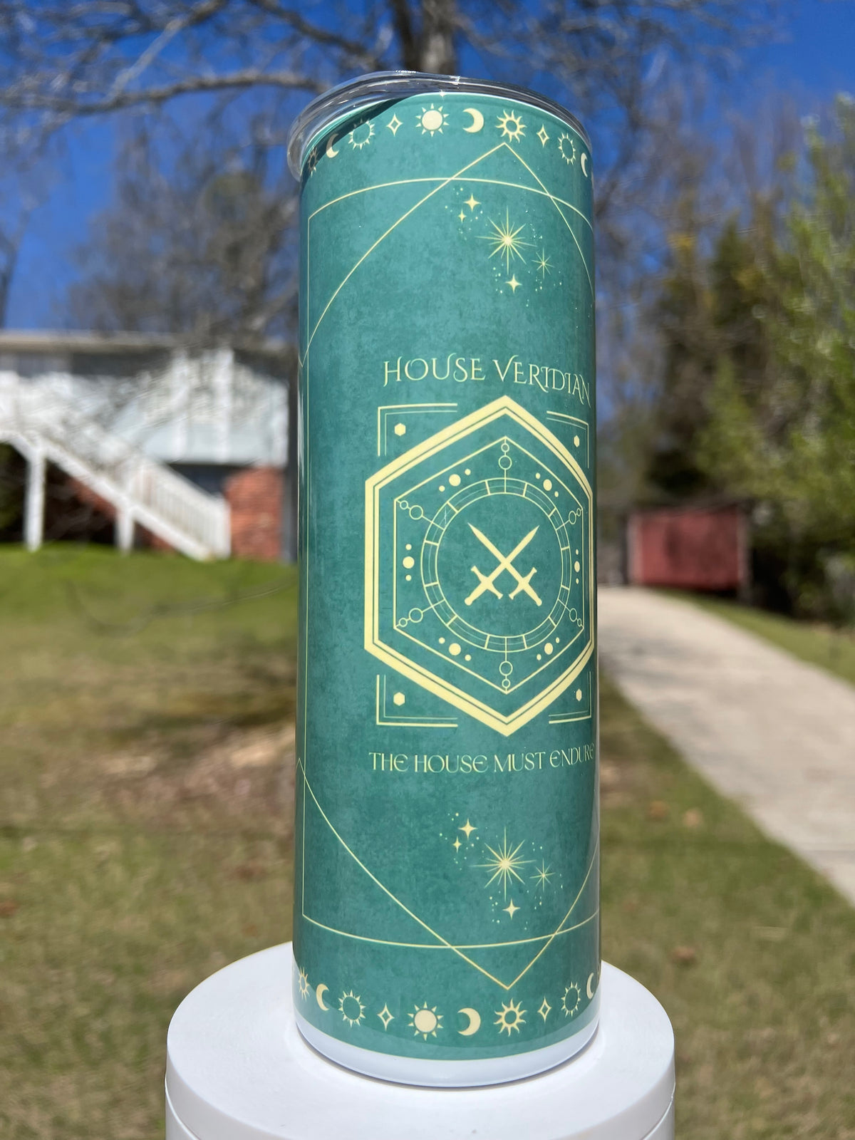 House Veridian Sleep Token inspired tumbler with emerald celestial and crossed sword artwork