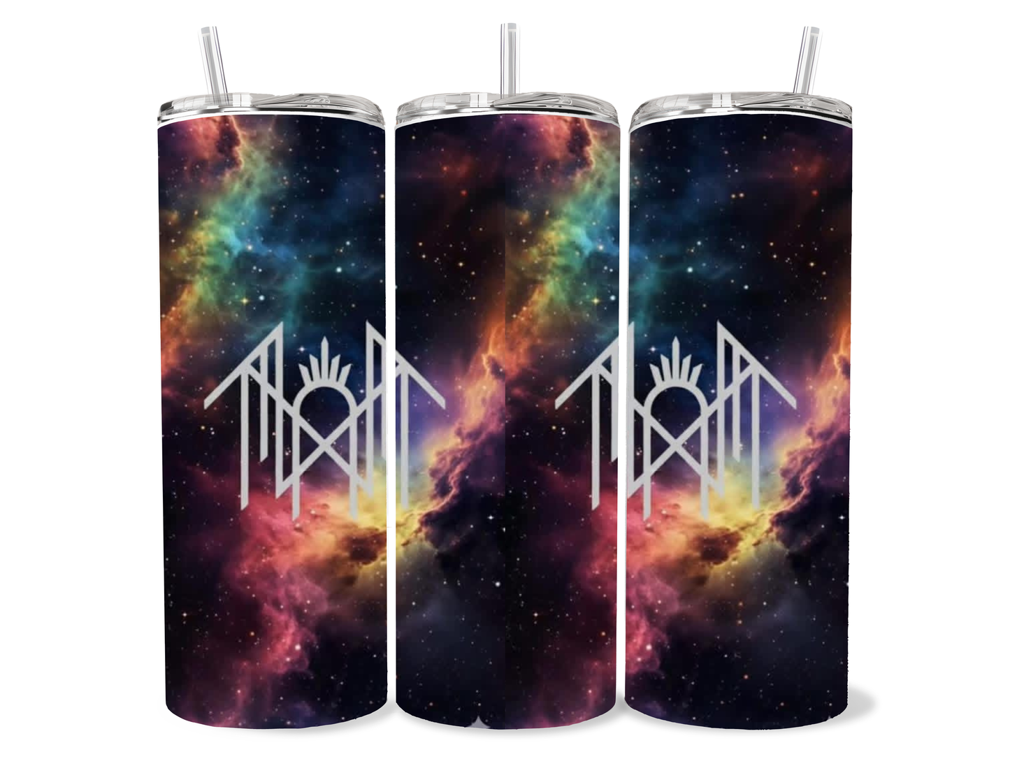 Sleep Token galaxy skinny tumbler with colorful nebula and celestial artwork
