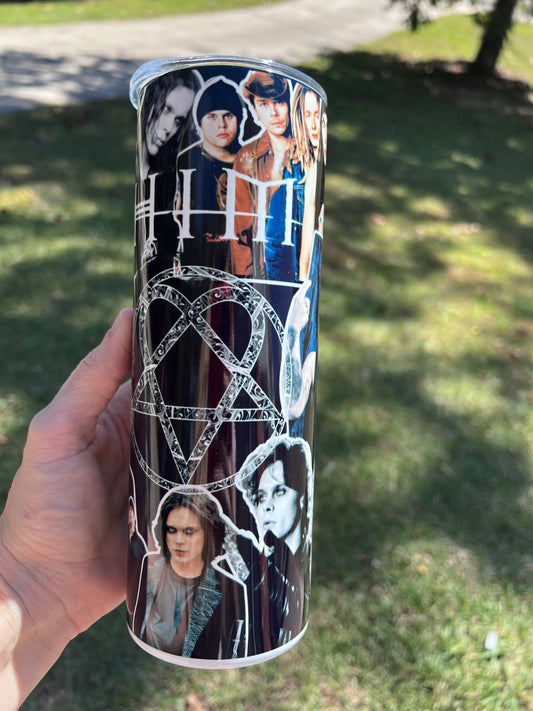 KimTheGrimm HIM band Ville Valo and Heartagram logo 20oz stainless steel tumbler cup.