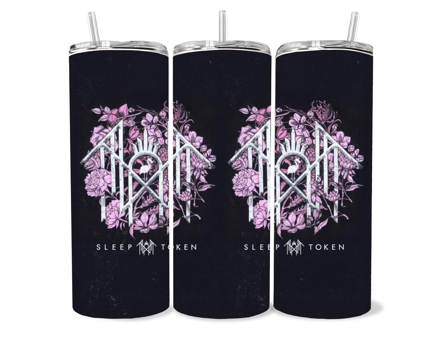Sleep Token pink floral logo tumbler with dark gothic floral artwork