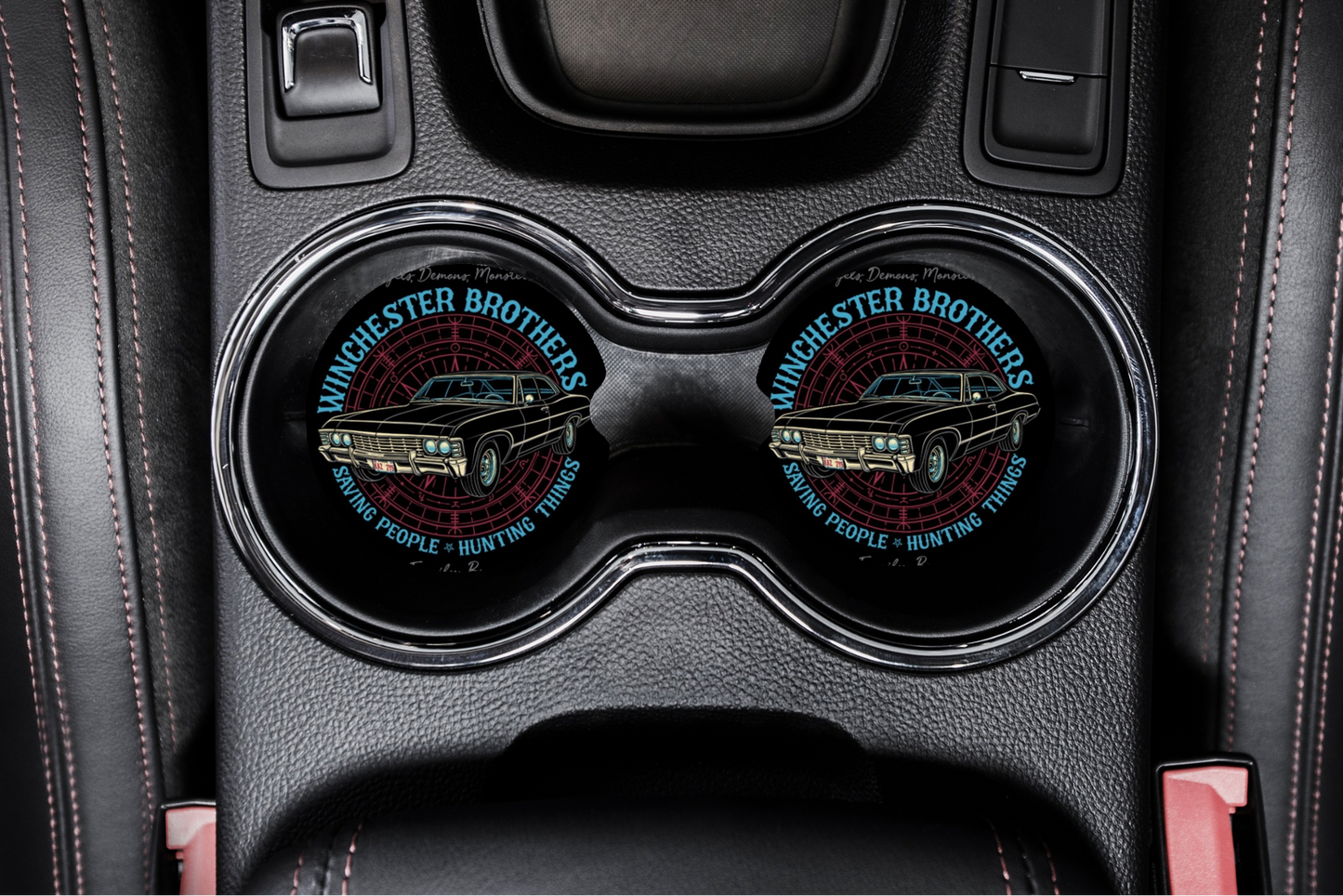 Supernatural Impala Car Coaster Set | Winchester Brothers Baby Car Accessories | SPN Hunter Aesthetic Decor featuring the design artwork