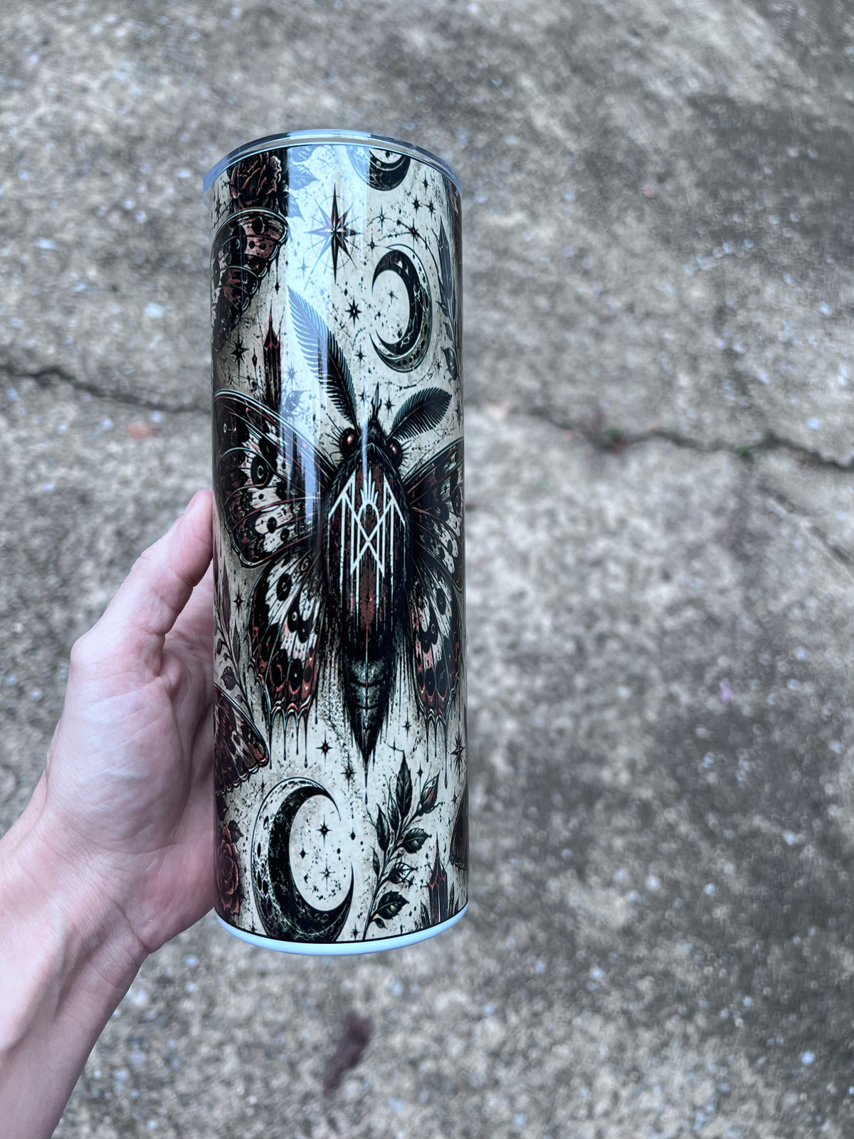 Sleep Token inspired gothic moth tumbler with moons, moths, crystals, and dark botanical artwork