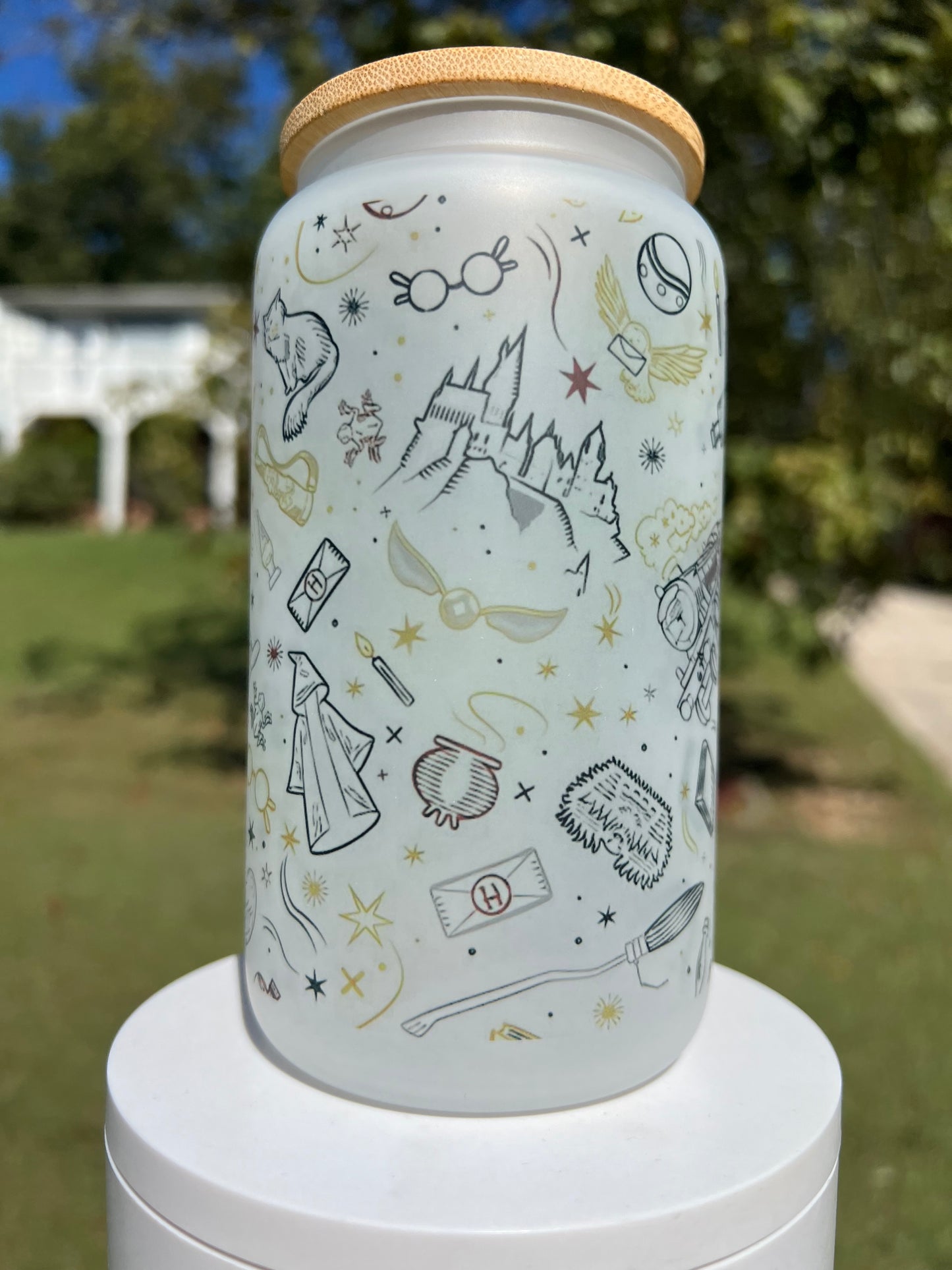 16oz Harry Potter Collage Frosted Glass Tumbler featuring harry potter collage inspired artwork