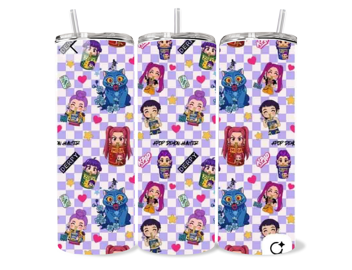 Purple Plaid K-pop Demon Hunters themed tumbler cup