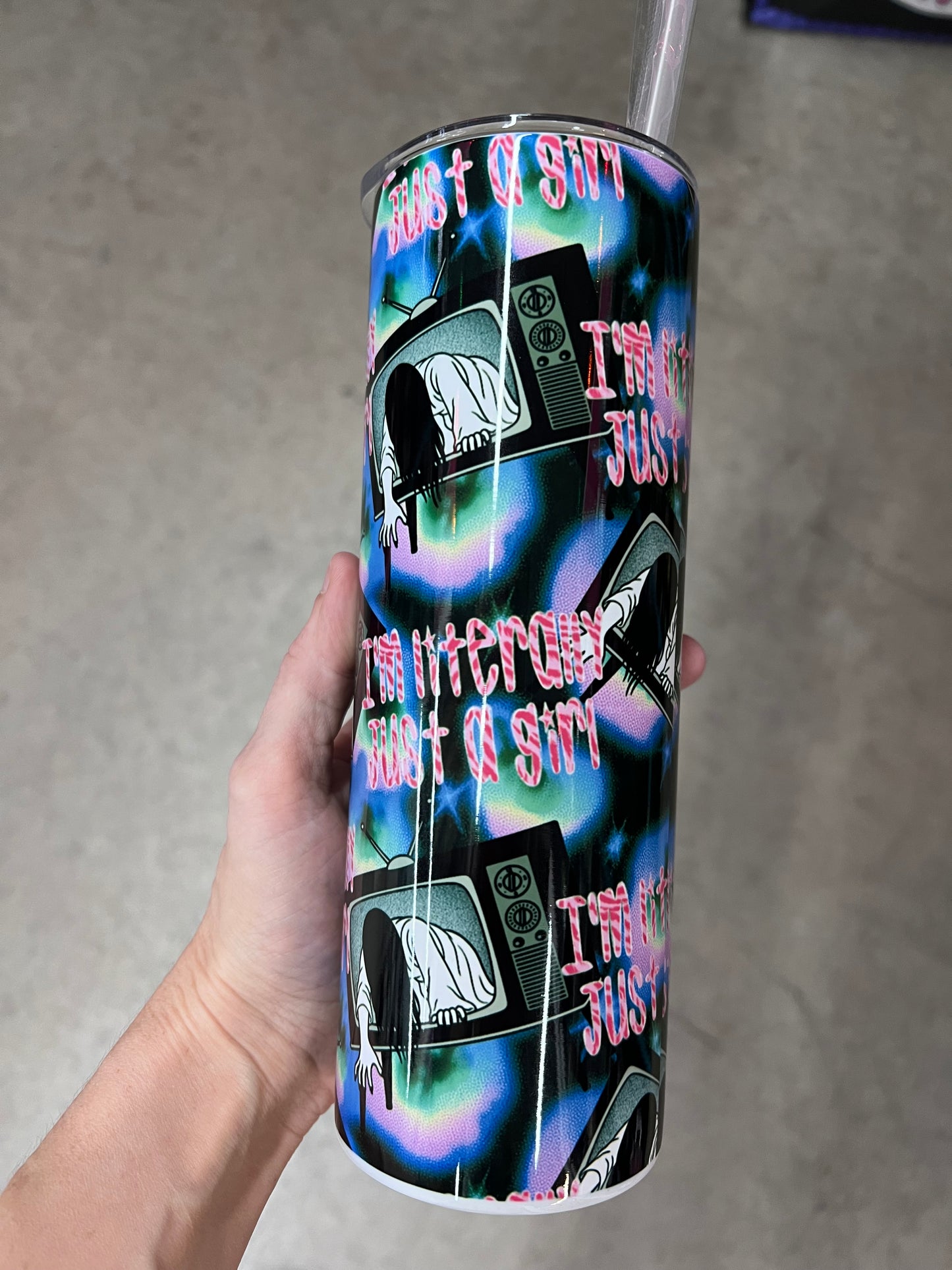 I'm literally just a girl Samara The Ring horror 20oz skinny tumbler with Y2K aesthetic
