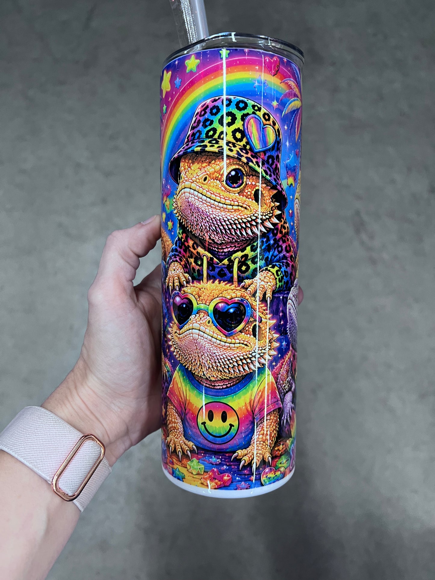 Beardies of Culture Beardie Love tumbler with colorful rainbow bearded dragon artwork