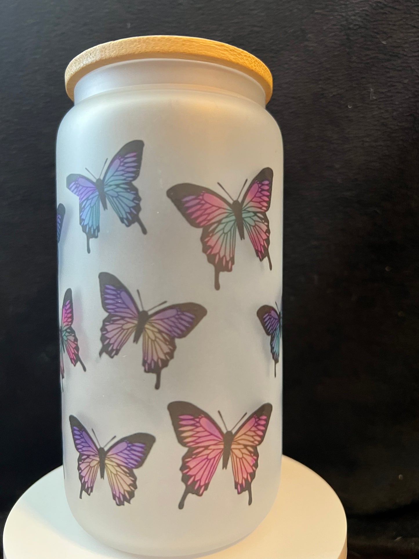 16oz Butterfly Frosted Glass Tumbler featuring butterfly aesthetic inspired artwork