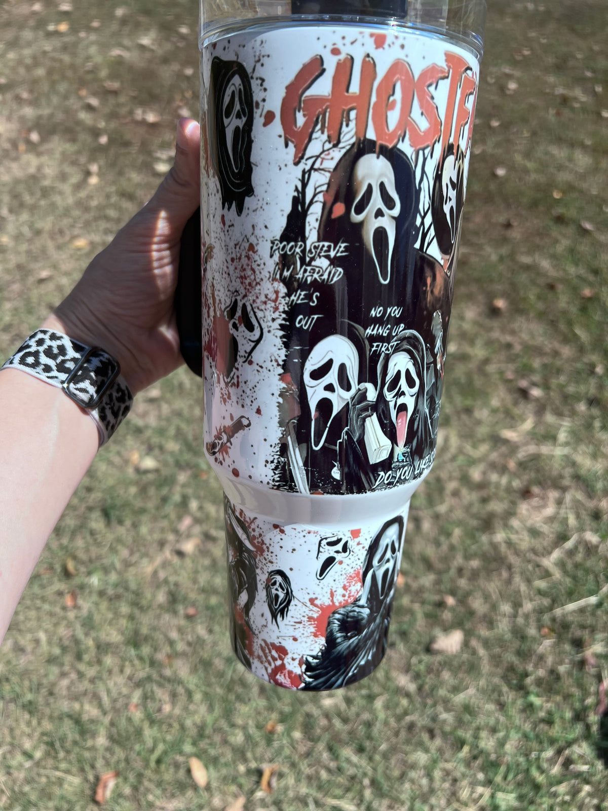 Ghostface Horror 40oz Handled Tumbler featuring the fandom-inspired design