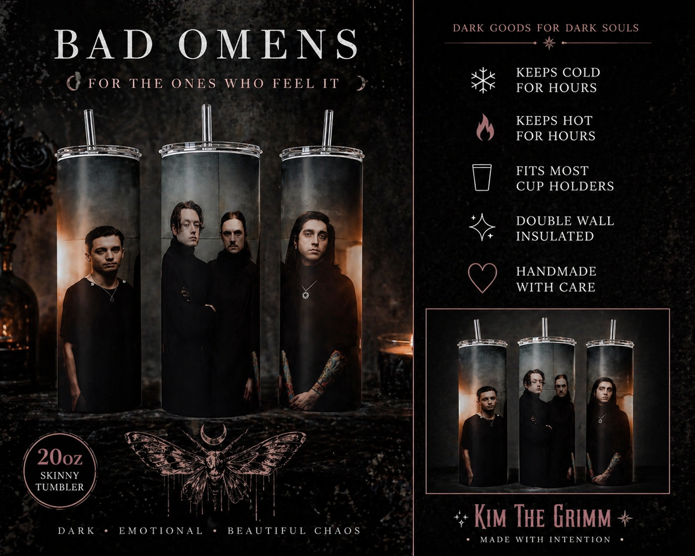 Bad Omens 20oz Skinny Tumbler | Dark Aesthetic Band Cup | Alternative Music Fan Gift | Gothic Drinkware | Keeps Hot & Cold featuring the design artwork