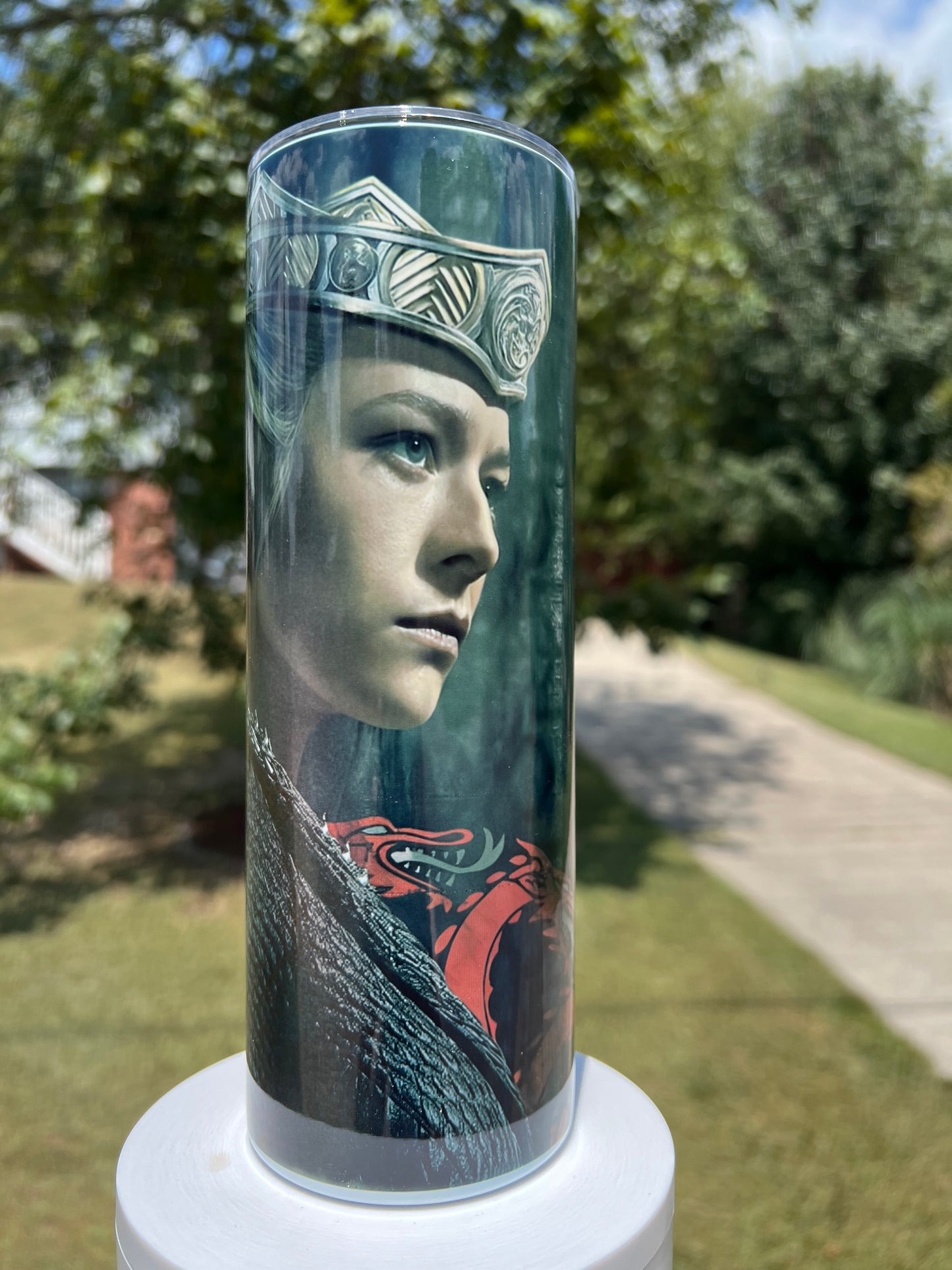 The Black Queen: Rhaenyra Targaryen 20oz Insulated Skinny Tumbler featuring the design artwork