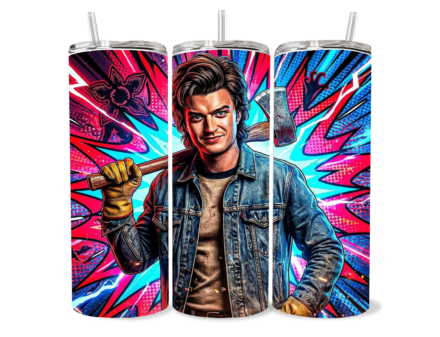 Neon colored Stranger Things “Steve Harrington” themed stainless steel tumbler cup