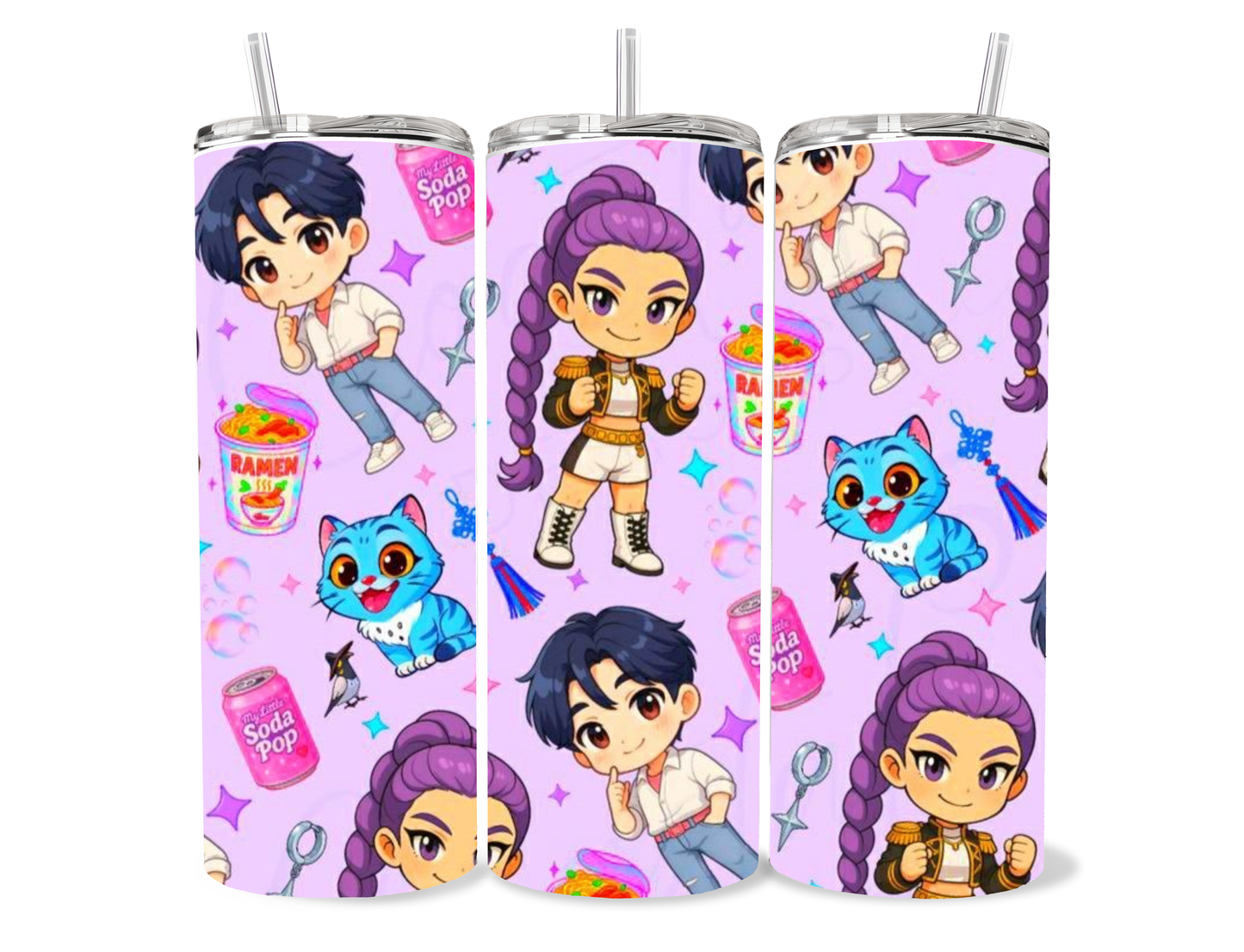 Cute 20oz Purple “KPDH” Kpop Demon Hunter themed cartoon tumbler cup