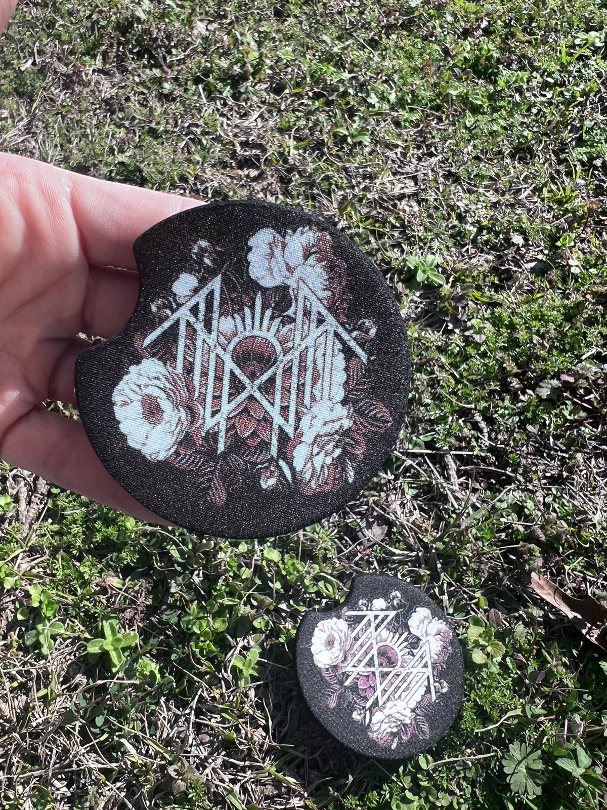 Floral Sleep Token Car Coaster Set featuring fandom-inspired artwork