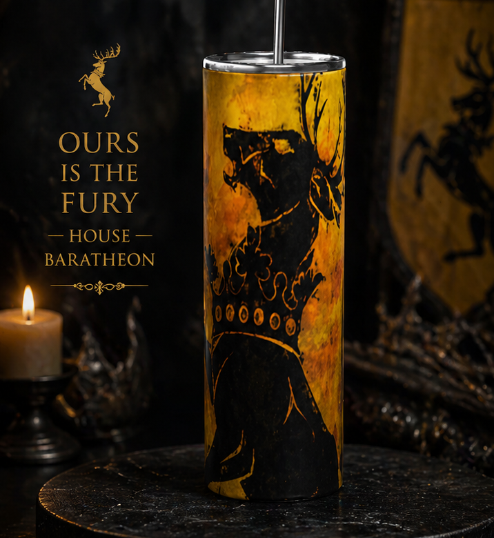 House Baratheon Tumbler 20oz | Ours Is The Fury Cup | Game of Thrones Stag Sigil Insulated Drinkware featuring the design artwork