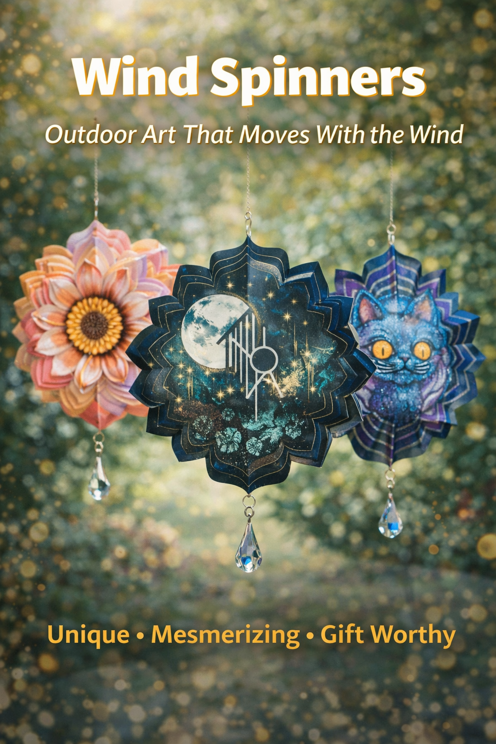 colorful wind spinners outdoor decor collection featuring floral, celestial and artistic spinning yard decorations