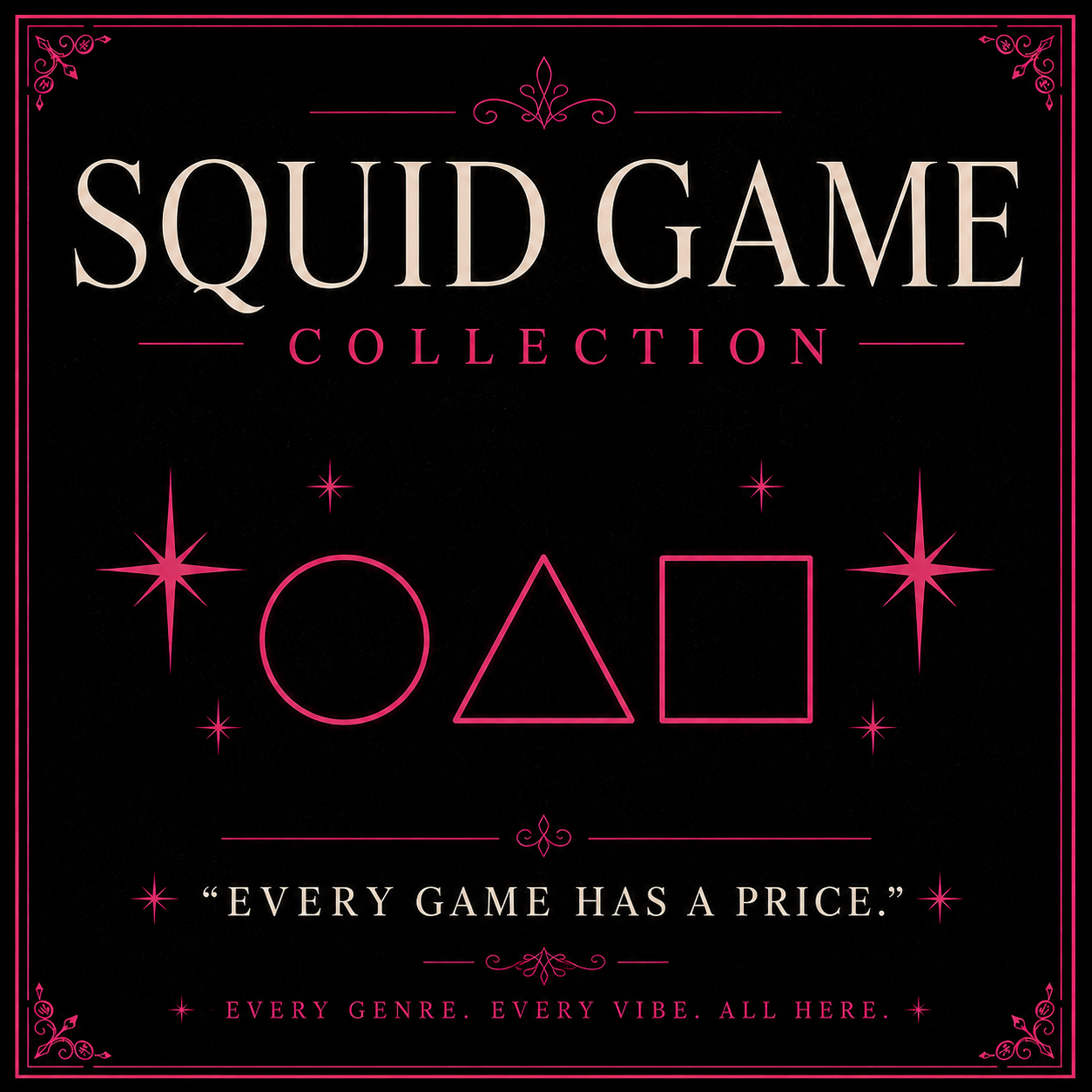 A vibrant, minimalist pop culture aesthetic cover photo for a Squid Game tumbler collection. The image features high-contrast pink and green color schemes as the primary palette.