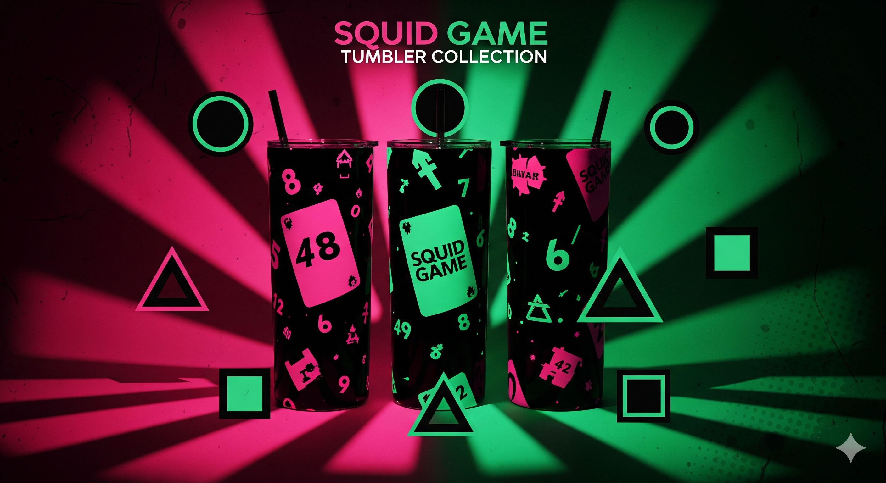 A vibrant, minimalist pop culture aesthetic cover photo for a Squid Game tumbler collection. The image features high-contrast pink and green color schemes as the primary palette.