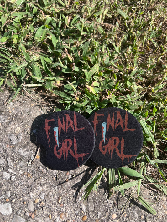 Side profile view of two horror-themed "Final Girl" car coaster inserts highlighting the fabric top and anti-slip backing