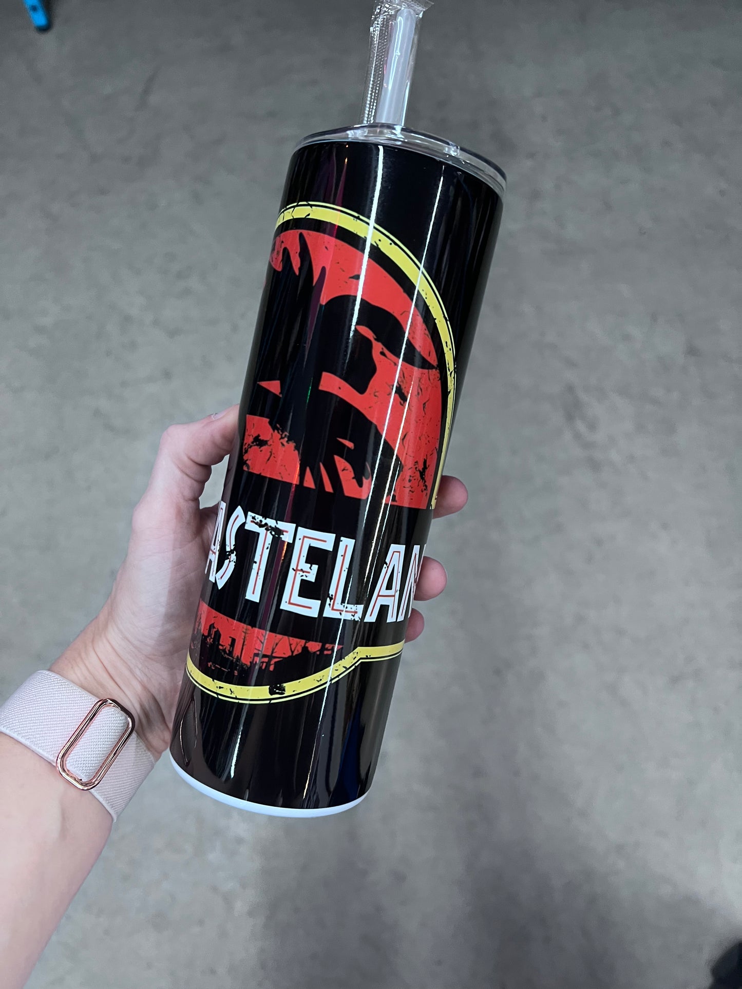 Fallout Deathclaw 20oz skinny tumbler with distressed wasteland inspired artwork