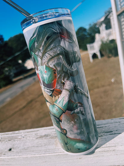 20oz Tommy Oliver Green & White Ranger Tumbler featuring power rangers tommy oliver inspired artwork