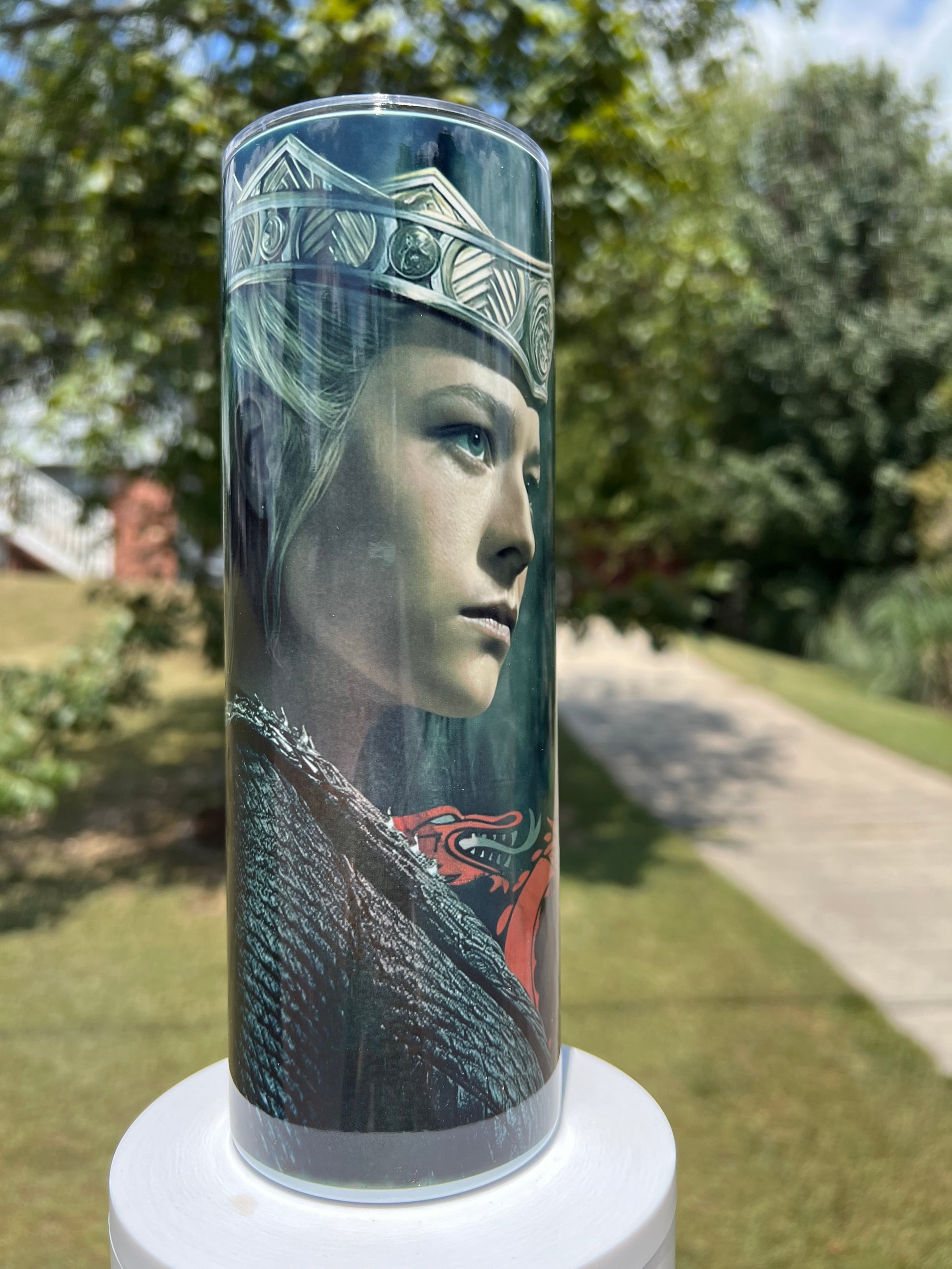 The Black Queen: Rhaenyra Targaryen 20oz Insulated Skinny Tumbler featuring the design artwork