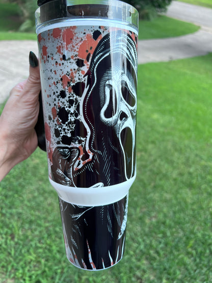 40oz Ghostface Tumbler with Handle | Scream featuring scream ghostface inspired artwork