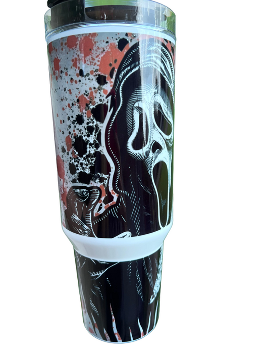 40oz Ghostface Tumbler with Handle | Scream featuring scream ghostface inspired artwork