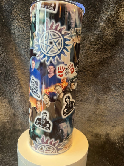 20oz Supernatural Sticker Collage Tumbler featuring supernatural fandom inspired artwork