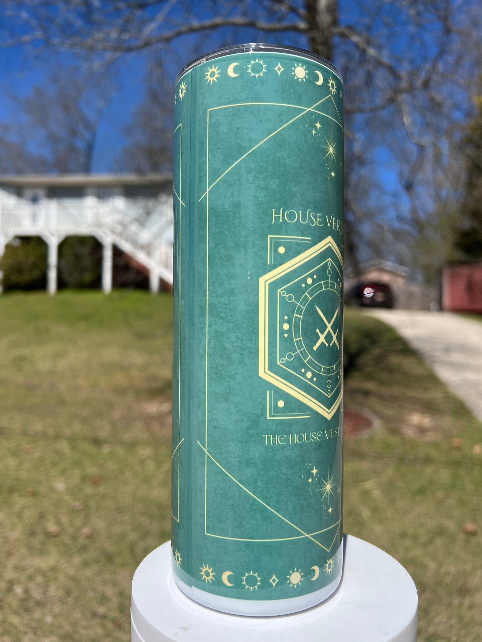 House Veridian Sleep Token inspired tumbler with emerald celestial and crossed sword artwork