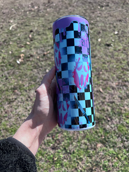 20oz Purple Checkered Ghostface Horror Tumbler featuring fandom-inspired artwork