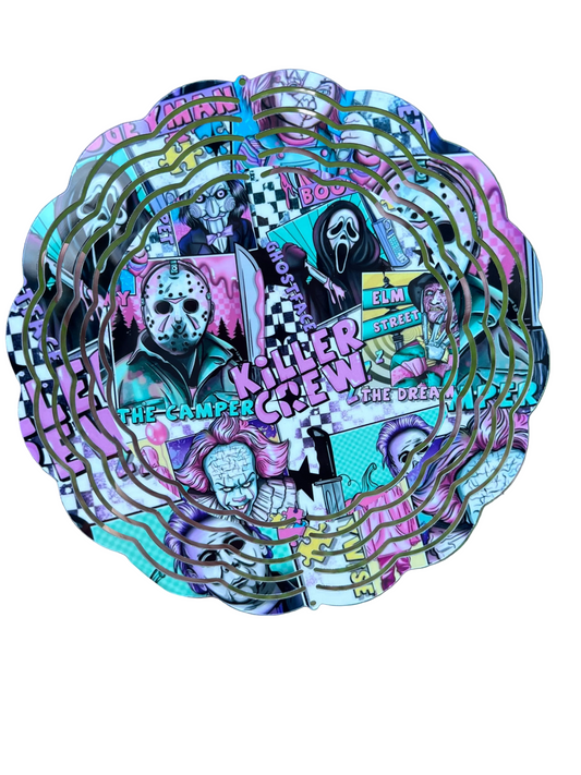 Horror movie villains wind spinner featuring colorful slasher inspired artwork