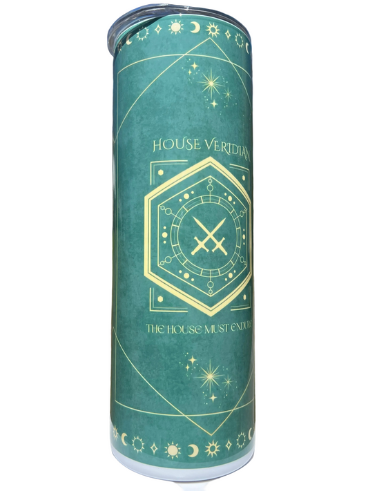 House Veridian Sleep Token inspired tumbler with emerald celestial and crossed sword artwork