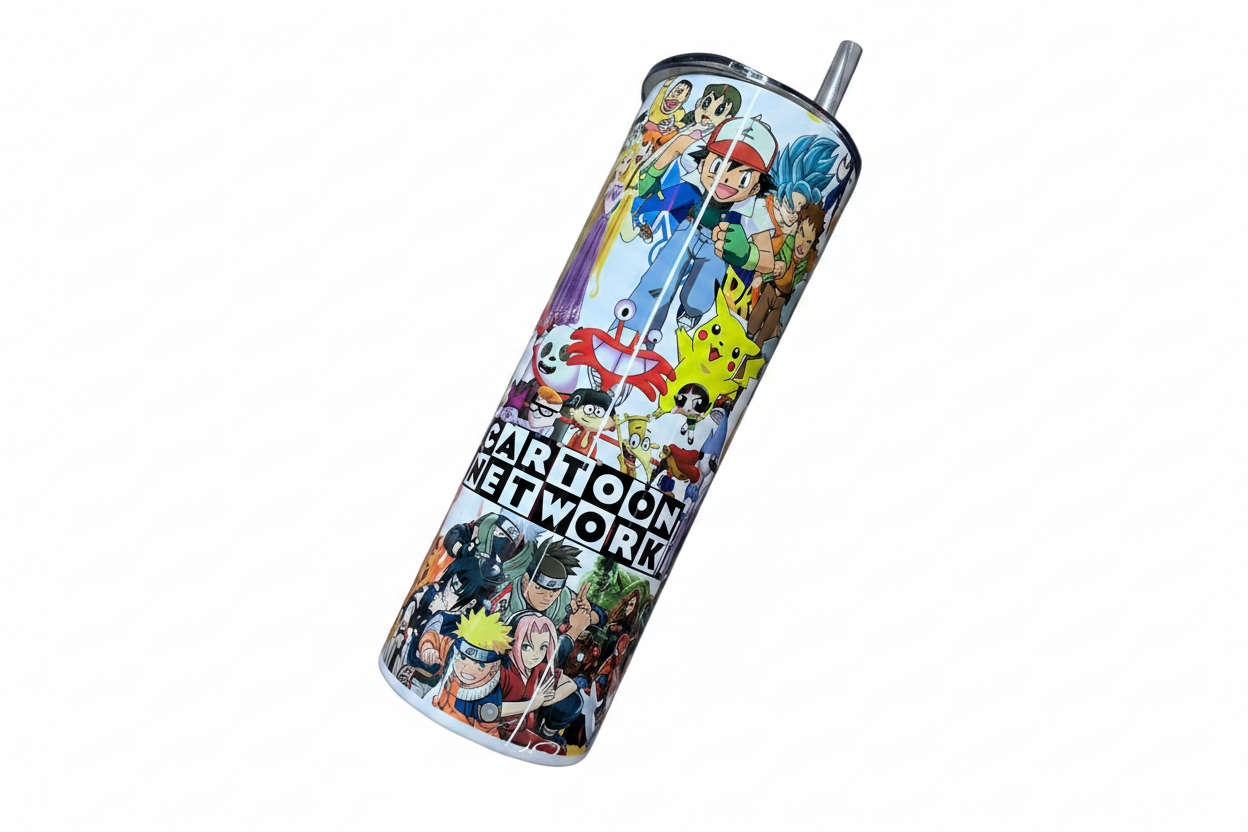 Colorful Cartoon Network nostalgia collage tumbler featuring retro cartoon and anime inspired characters