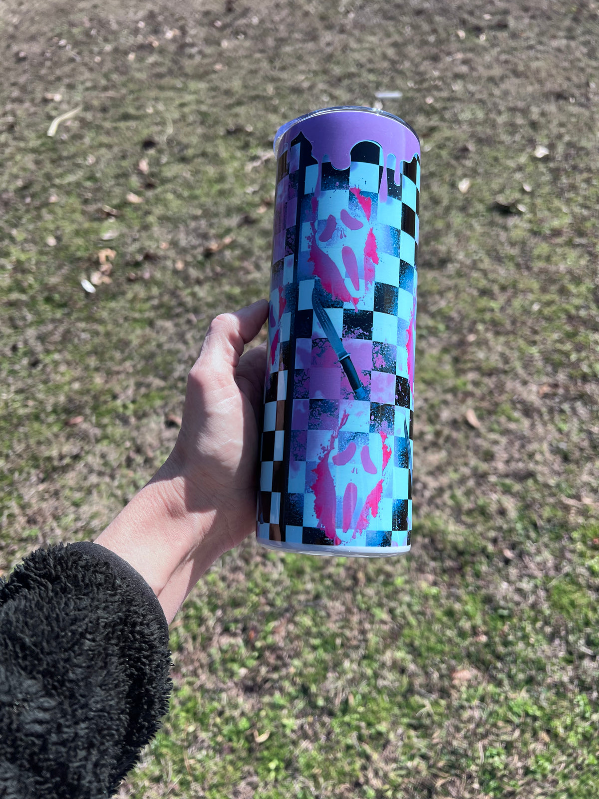 20oz Purple Checkered Ghostface Horror Tumbler featuring fandom-inspired artwork