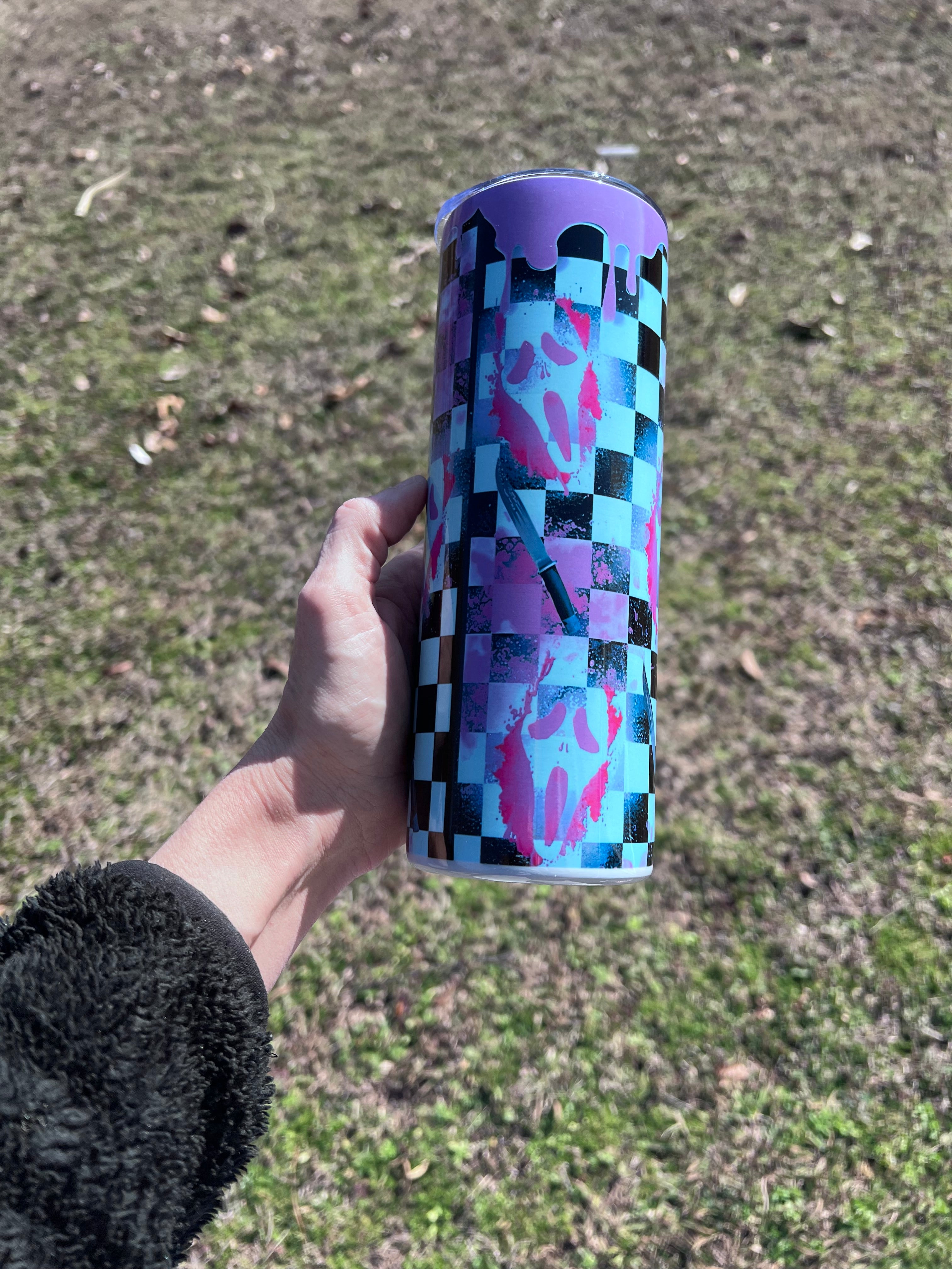 20oz Purple Checkered Ghost Face Tumbler