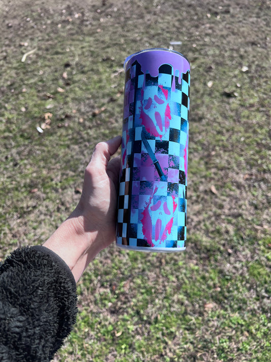 20oz Purple Checkered Ghostface Horror Tumbler featuring fandom-inspired artwork