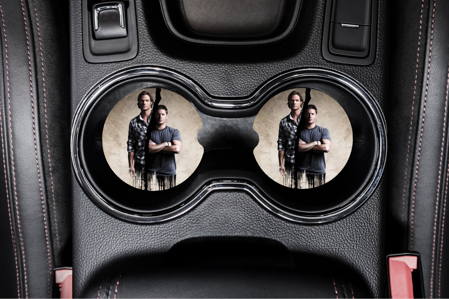 Dean & Sam Winchester Car Coaster Set | Supernatural SPN Car Accessories | Winchester Brothers Fandom Decor featuring the design artwork