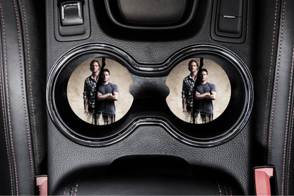 Dean & Sam Winchester Car Coaster Set | Supernatural SPN Car Accessories | Winchester Brothers Fandom Decor featuring the design artwork