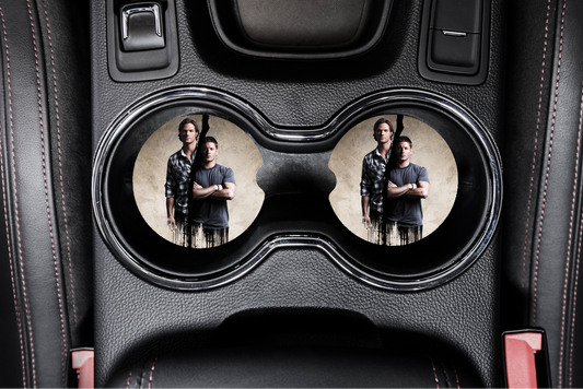 Dean & Sam Winchester Car Coaster Set | Supernatural SPN Car Accessories | Winchester Brothers Fandom Decor featuring the design artwork
