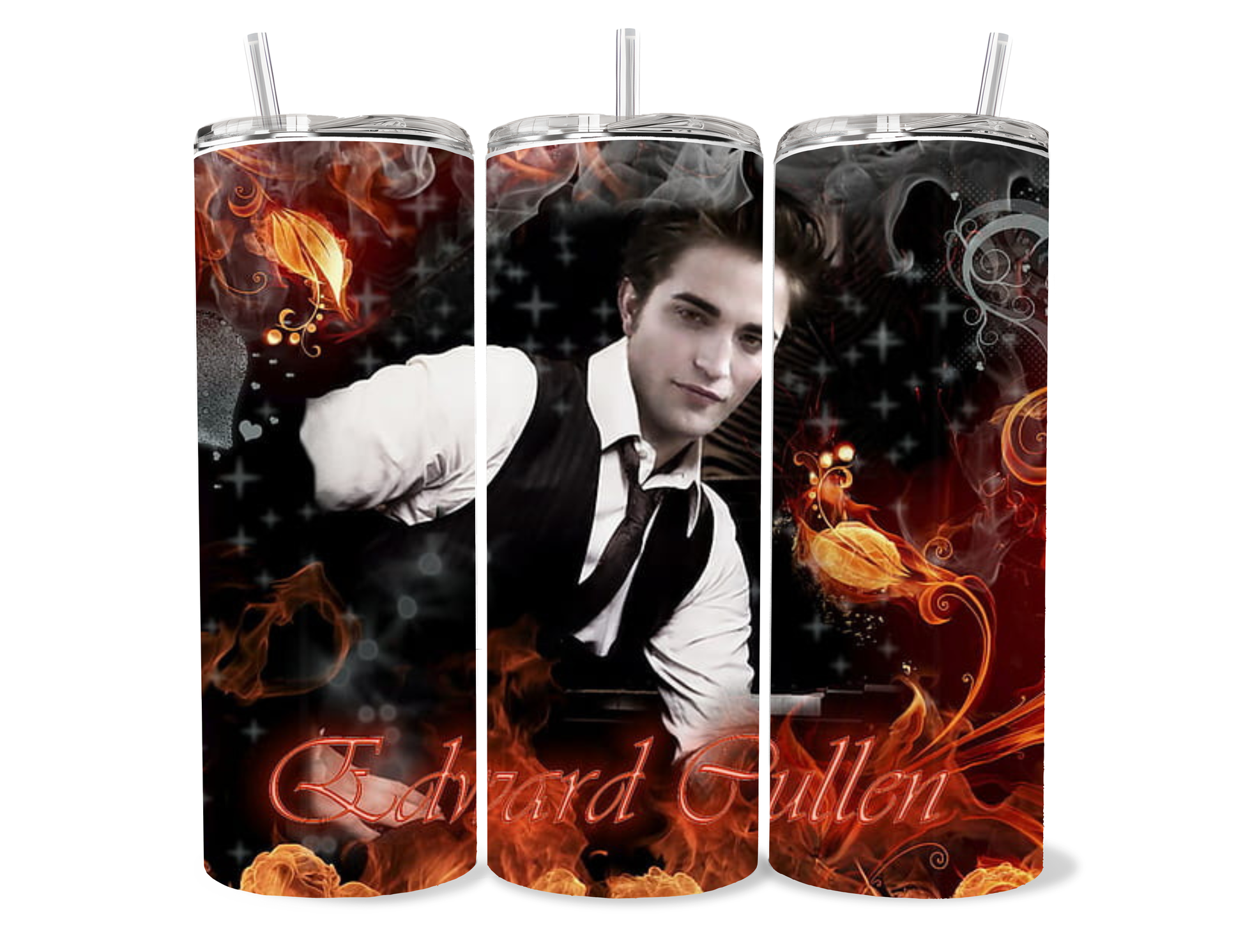 Edward Cullen Fire & Smoke 20oz Tumbler featuring the fandom-inspired design