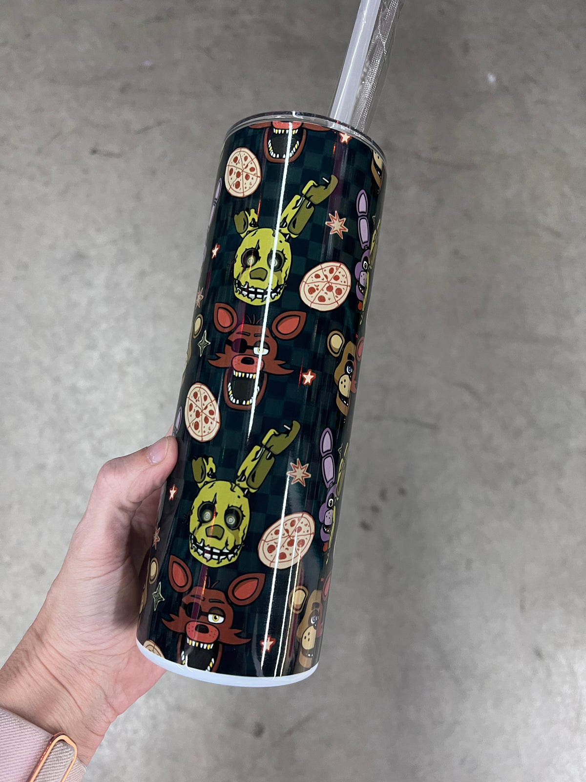 ⁠FNAF Animatronics Pattern Tumbler 20oz | Freddy Fazbear Bonnie Foxy Stainless Steel Cup⁠