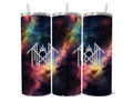 20oz skinny tumbler with colorful galaxy nebula artwork and Sleep Token inspired celestial alternative aesthetic design.