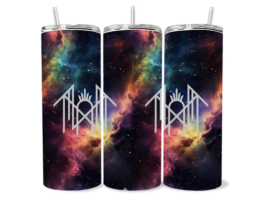 Sleep Token galaxy skinny tumbler with colorful nebula and celestial artwork