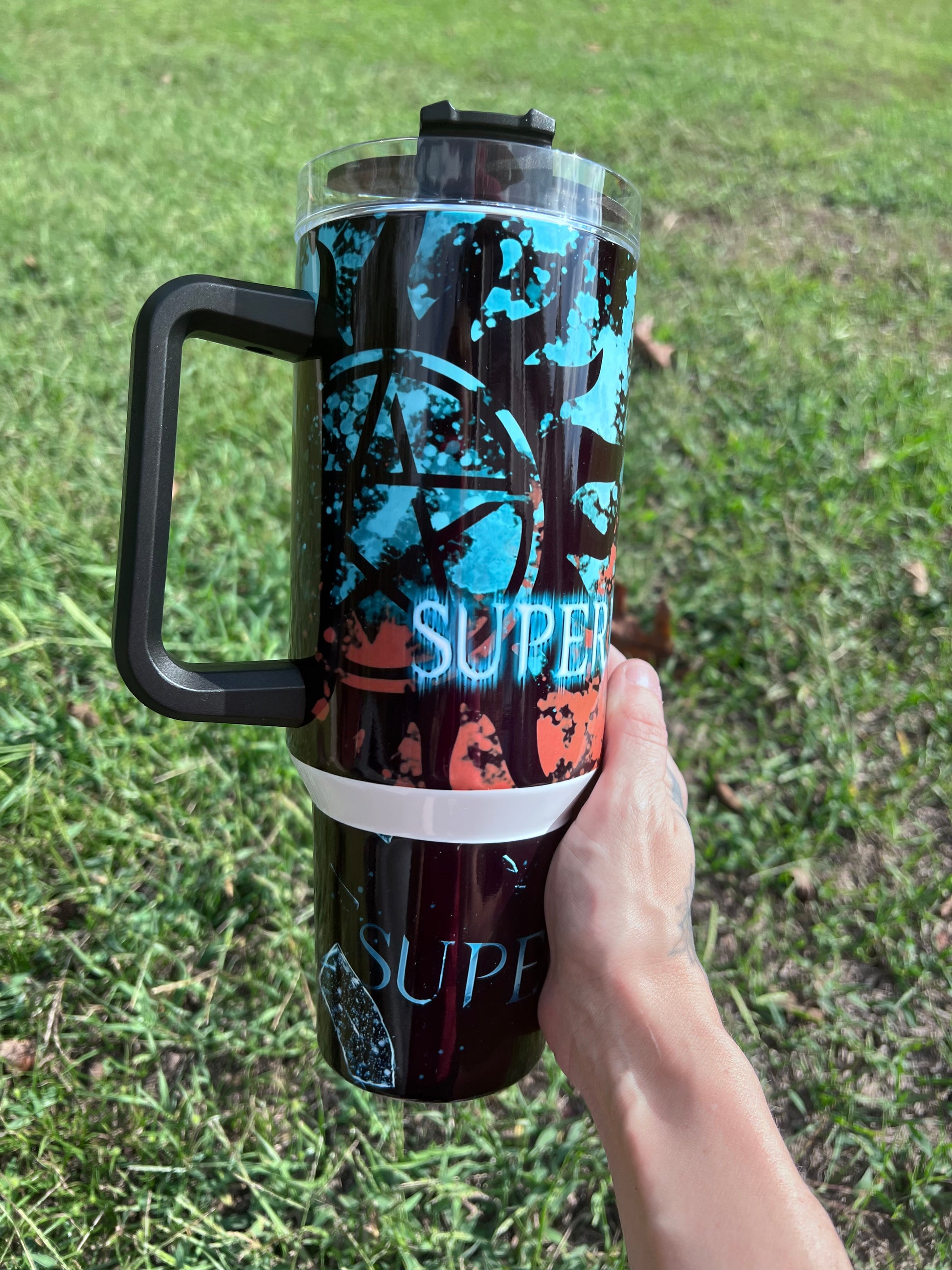 40oz Supernatural Inspired Tumbler with Handle | Dean Winchester & Sam Winchester Stainless Steel Travel Cup featuring the design artwork