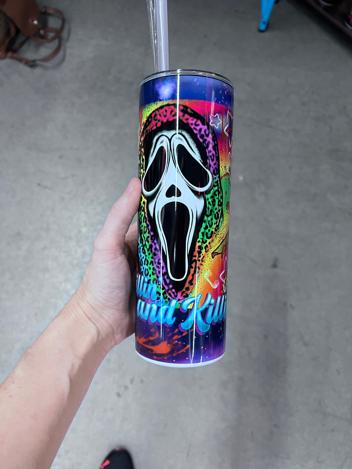 Chillin and Killin Ghostface Tumbler | Neon Rainbow Spooky Cute Horror Tumbler