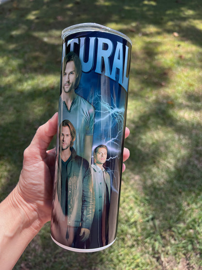 KimTheGrimm Supernatural SPN Sam Dean and Castiel 20oz stainless steel tumbler cup.⁠