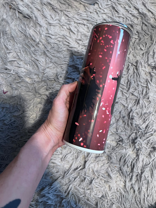 Pink Token themed / Arcadia themed tumbler cup featuring the design artwork