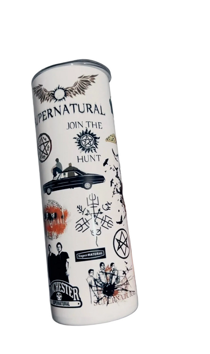 Supernatural collage 20oz tumbler featuring Winchester brothers inspired fandom artwork
