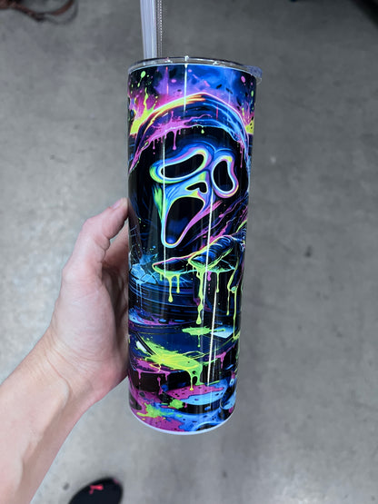 Neon horror Ghostface tumbler front view showcasing glowing mask and electric slime splatter⁠