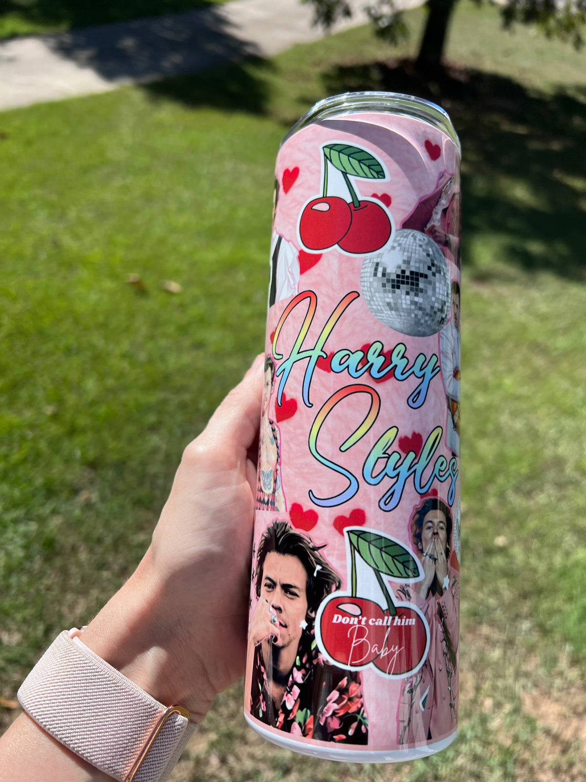 KimTheGrimm Harry Styles photo collage 20oz stainless steel tumbler cup with cherries and disco balls.